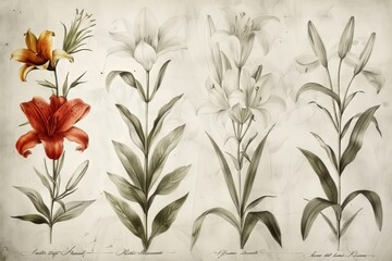 Elegant botanical illustration featuring various lily species.