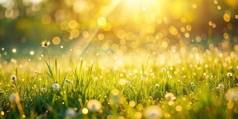 Obraz premium Sunlight filtering through a field of wildflowers, casting a golden glow on blades of grass, creating a serene and dreamy atmosphere.