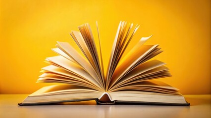 Fototapeta premium Open book with pages fanned out on yellow background, education, knowledge, learning, literature, reading, studying