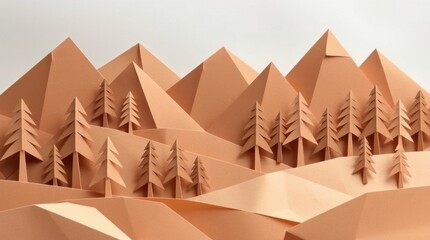 A stylized paper landscape featuring mountains and trees in warm tones.