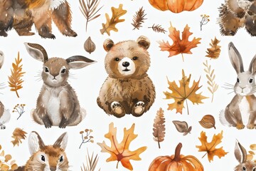 Obraz premium Whimsical autumn-themed watercolor animals and leaves illustration.