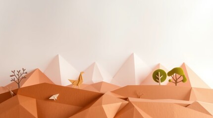 A stylized paper landscape featuring mountains, trees, and a bird in a warm color palette.