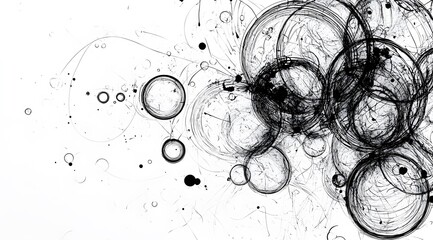 Abstract Black Ink Circles and Lines on White Background