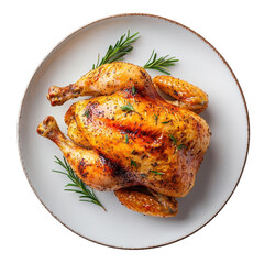 Roasted chicken on a plate, isolated on a white background, elegantly presented for a gourmet feel. cutout png