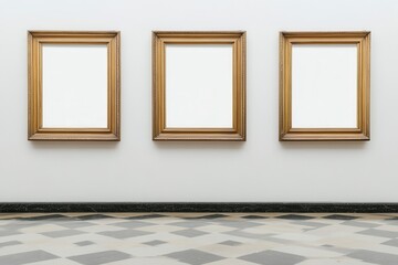 Three ornate gold frames on a white wall. Ideal for showcasing artwork, adding elegance to designs.