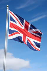 Iconic British Union Jack Flag Fluttering Against Clear Blue Sky - A Symbol of Patriotism and National Identity