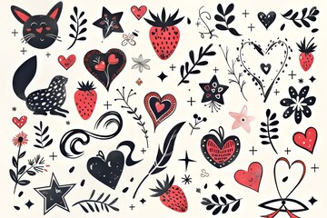 Colorful hand-drawn illustrations of hearts, strawberries, and whimsical animals.
