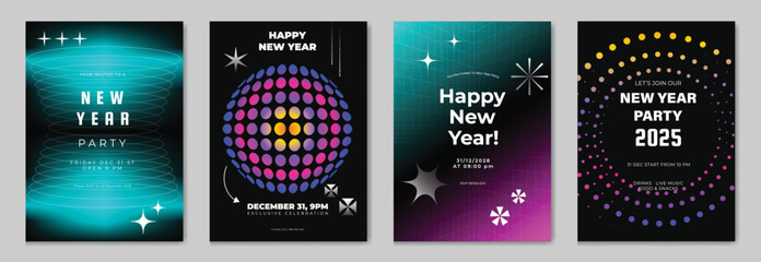 Happy New Year poster design background vector set. Celebration Modern gradient card template with vibrant geometric shape, sparkle, wireframe, dot. Ideal design for social media, flyer, party, ads.