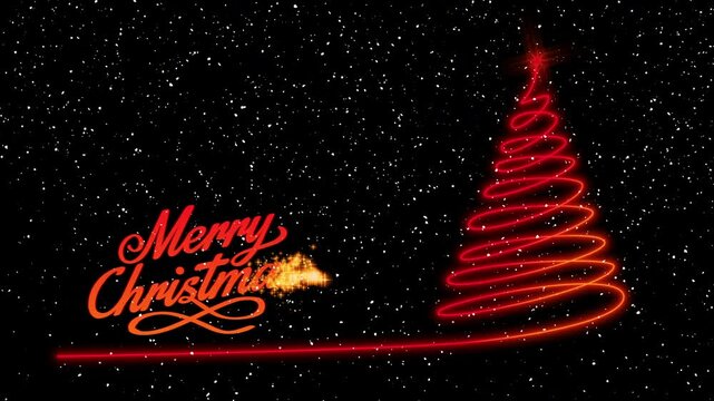 Animated drawing of red Merry Christmas text with a glowing tree on a snowing background. Alpha channel.