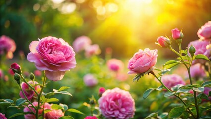 Roses pink flowers standing out in a lush green summer background, illuminated by the warm rays of the sun , roses, pink, flowers