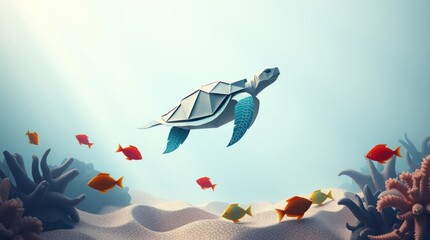 Obraz premium A stylized turtle swims through a vibrant underwater scene with colorful fish and coral.