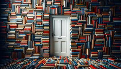 A door surrounded by a wall of books, symbolizing the gateway to knowledge and learning, with a mix of colorful book spines