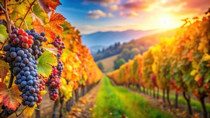 Vibrant autumn colors in a vineyard setting with ripe grapes ready for harvest, autumn, vineyard, fall, foliage, grape vines