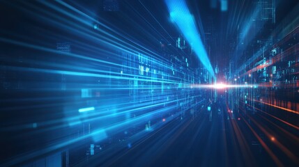 Abstract digital data stream, glowing blue and orange. Illustrates high-speed data transfer and digital transformation.