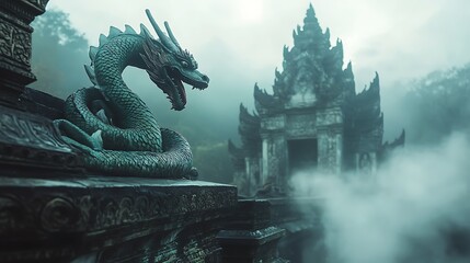 Obraz premium Dragon Statue on Ancient Temple Structure in Misty Landscape