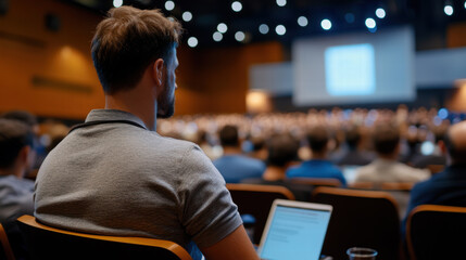 A man sits in a lecture hall with a laptop open in front of him