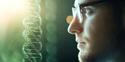 A man with glasses looking at a DNA strand