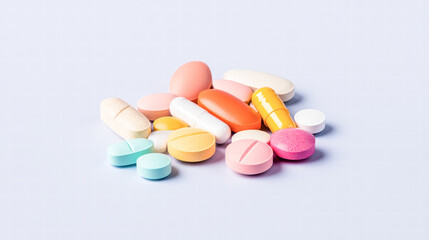 A pile of colorful pills on a white background