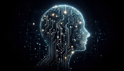 Minimalist digital circuitry forming a glowing human profile on a dark background, representing technology and human integration with futuristic themes