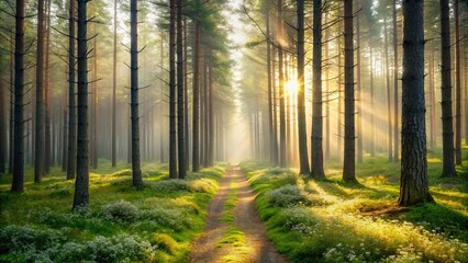 Fototapeta premium A Path Illuminated by the Dawn's Embrace Through a Misty Forest of Tall, Slender Trees