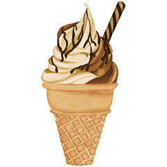 Hand Drawn Ice Cream Cone Illustration with Chocolate Sauce
