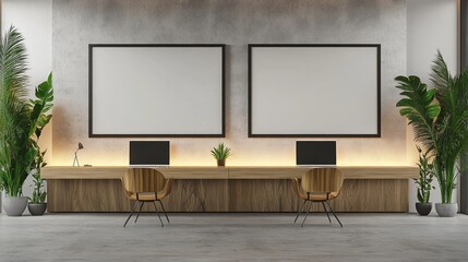 Modern Minimalist Office Workspace with Two Blank Canvases