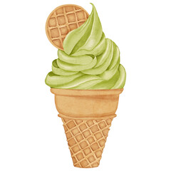 Hand Drawn Green Tea Ice Cream in Waffle Cone