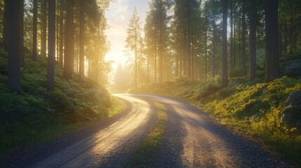 Obraz premium Sunlit Forest Path at Dawn