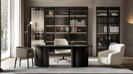 Modern home office interior with curved desk, chairs, and glass bookcases.