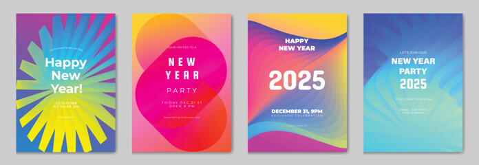 Happy New Year poster design background vector set. Celebration Modern gradient card template with vibrant geometric shape movement different. Ideal design for social media, flyer, party, ads.