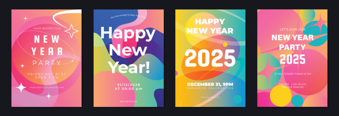 Happy New Year poster design background vector set. Celebration Modern gradient card template with vibrant geometric shape, sparkle. Ideal design for social media, flyer, party, ads.
