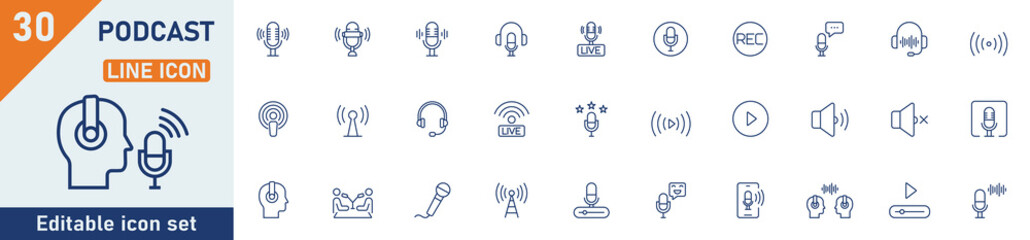 Podcast line icon set. Set of 30 outline icons related to podcast, microphone, podcasting, record, audio, broadcasting, studio and others. Editable stroke. Vector illustration.