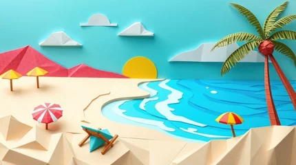 Fototapete Türkis A vibrant paper art scene depicting a beach with palm trees, sun, and colorful umbrellas.  © chepZ