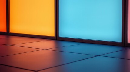 A close-up view of brightly colored panels in orange and blue, contrasted against a sleek, dark floor, creating a modern, artistic ambiance.