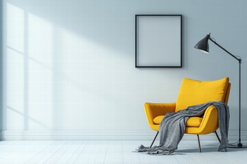 Modern Living Room Interior with Yellow Armchair and Blank Frame