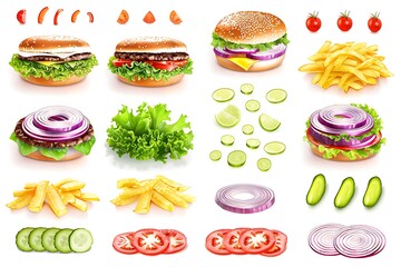 Big hamburger set isolated on white background. With clipping path.