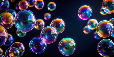 Naklejka premium Colorful soap bubbles floating on a dark background, bubbles, soap, vibrant, colorful, floating, dark, backdrop, reflection