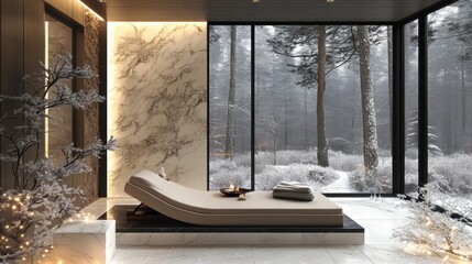 Relaxing spa retreat in a snowy forest tranquil room modern design peaceful atmosphere serene view for wellness