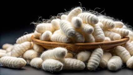 Natural silk with sericulture industry concept, showing silkworm cocoons isolated on a black background, silk, natural