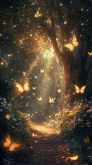 Magical forest path with glowing butterflies and flowers.