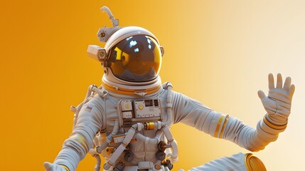 Astronaut in a white spacesuit with a golden trim, seated with one hand raised against a yellow background.