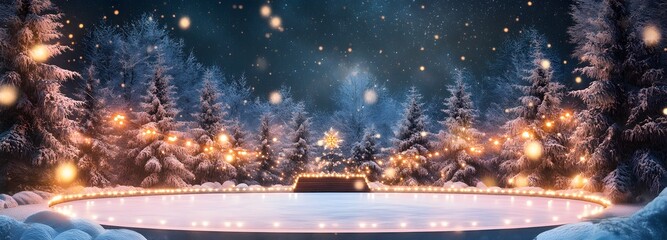 A podium in front of an ice skating rink, with glowing lights, snow-covered trees, and a starry night sky above