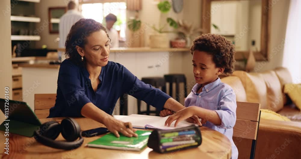 Aufkleber Homework, writing and tutor with child and notebook for learning, education and development. Studying, teaching and knowledge with kid in family home for help, test solution and project together