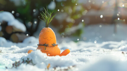 A carrot meditating in the snow, in a yoga pose