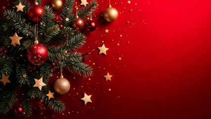 Festive Christmas Ornaments and Holiday Decorations on Elegant Red Background Illustration