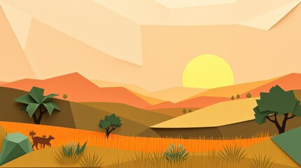 A vibrant, stylized landscape featuring mountains, a setting sun, and a silhouette of a dog.