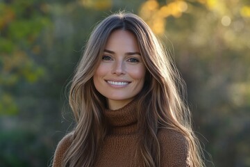 Fototapeta premium Smiling woman with long brown hair, wearing a brown turtleneck sweater. Perfect for blogs, websites, or articles about beauty, fashion, or autumn.