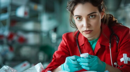 A focused Caucasian female nurse in a red uniform examines a medication bottle in a clinical setting, showcasing her dedication to healthcare.