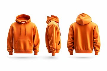 A vibrant orange hoodie displayed from three angles, showcasing its design and features in a clean background.