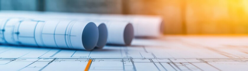 A close-up view of architectural blueprints rolled on a table, showcasing detailed designs and measurements in a well-lit environment.